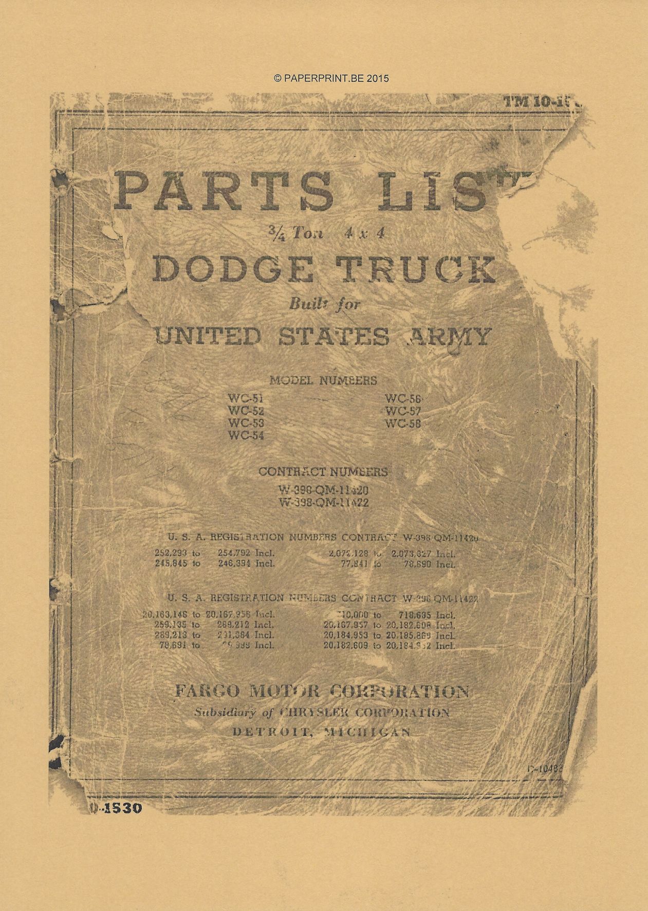 TM 10-1530 US PARTS LIST ¾ TON 4x4 DODGE TRUCKS